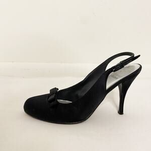 Stuart Weitzman Bow Tie Satin Slingback Heels Black Size 6.5